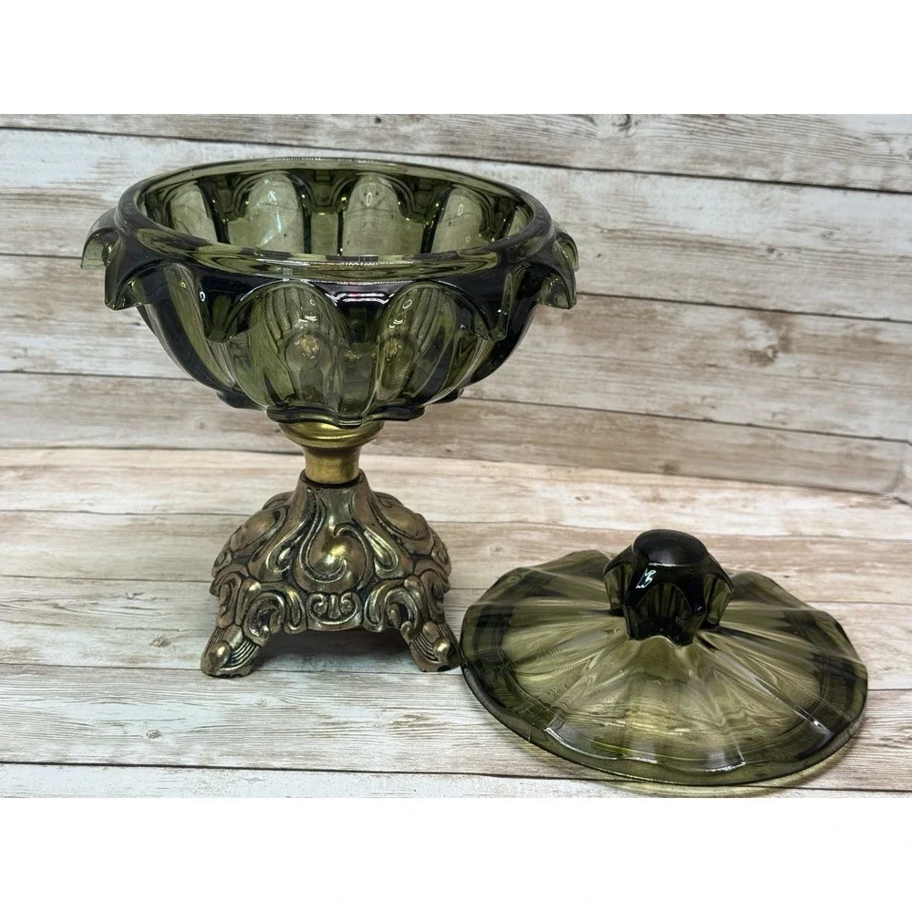 VTG 1970s Avocado Glass Candy Dish Lid Metal Pedestal Rare Hollywood Regency